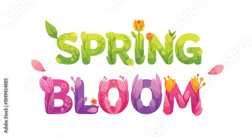 Vibrant spring bloom typography art featuring lush green letters entwined with fresh foliage and bright flowers celebrating the season's renewal and