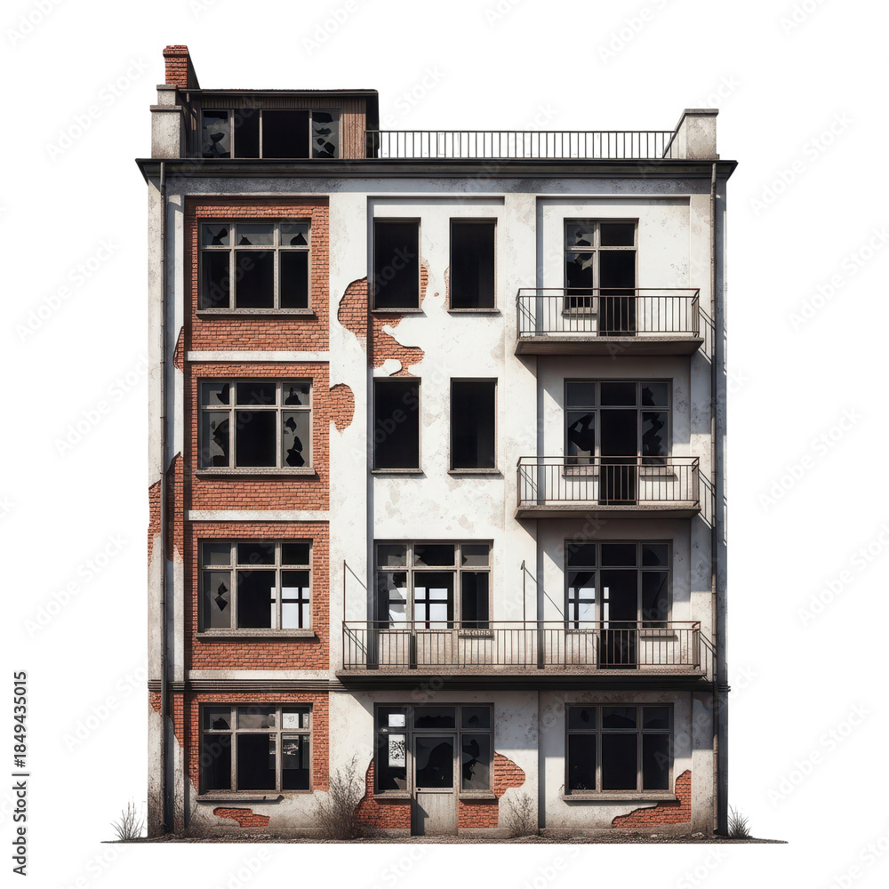 Obraz premium Abandoned apartment building with broken windows isolated on transparent background