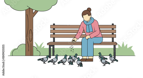 A peaceful park scene depicting a lone individual sharing kindness with urban birds