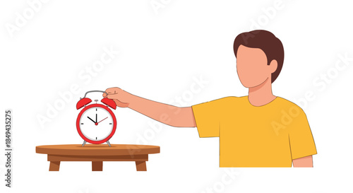 Person managing daily routine by setting or turning off a classic alarm clock on a small wooden table