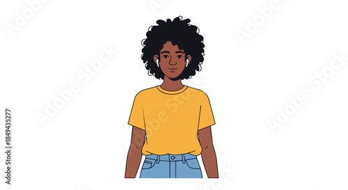 Digital illustration of a modern youthful person with dark curly hair wearing wireless earbuds in a yellow t-shirt and blue jeans a relaxed casual