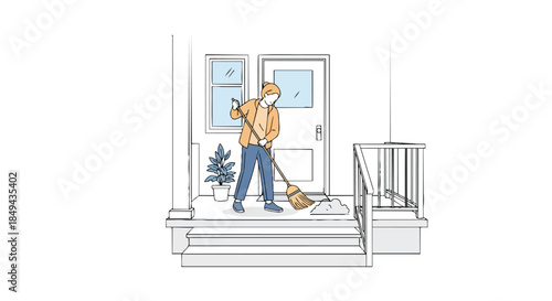 A person diligently sweeping their home's front porch ensuring a clean and welcoming entrance portraying domestic responsibility and tidiness an