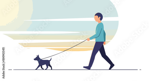Minimalist illustration shows person on calm daily walk with small dog on leash under soft abstract sky, representing pet companionship, outdoor