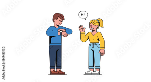 Cheerful vector art of two people interacting. One checks watch, other waves 'Hi'. Depicts timely social greeting