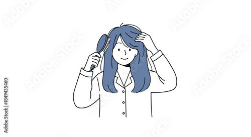 An illustration capturing the tranquil morning ritual of a young woman with serene blue hair meticulously brushing her strands, symbolizing
