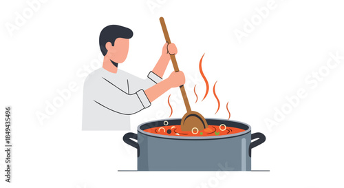 Illustration depicting a person preparing a delicious homemade meal, stirring a bubbling pot with a wooden spoon over gentle heat, a comforting