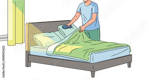 Person tidying bedroom creating a neat and inviting sleeping space in their home