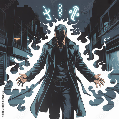 A mysterious cloaked figure commands arcane energy with glowing symbols in a dark city