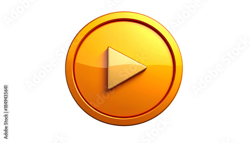 Glossy, golden, 3D play button icon with an inner triangle, set against a black background