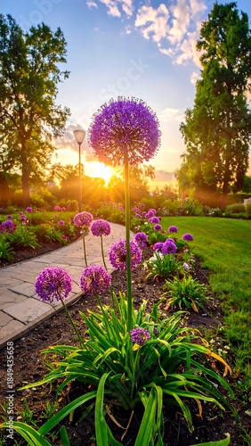 Purple allium flowers shine in a garden with a flagstone walkway under a sunset, creating a tranquil scenery