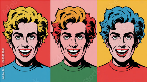 Eight vibrant pop art portraits of a smiling man in diverse color palettes and styles

