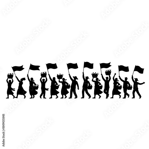 Harvest festival parade figures with baskets and flags vector illustration