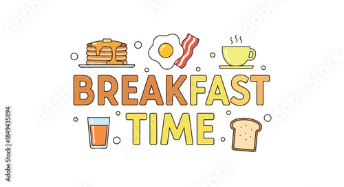 A cheerful vibrant illustration announcing the delightful arrival of morning meals, featuring various classic breakfast staples arranged invitingly