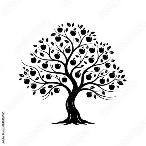 Fall harvest tree with pumpkins and apples silhouette vector illustration