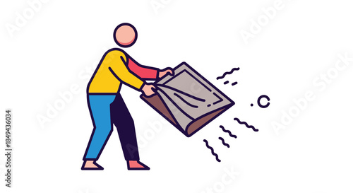 A vibrantly stylized illustration depicts a person vigorously shaking out a large fabric item, generating energetic wavy lines representing dust or