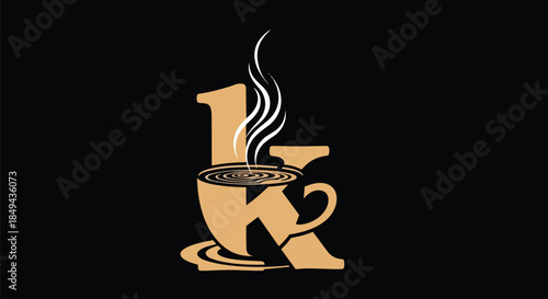 Stylish black and beige logo merging number one with letter K forming a steaming coffee cup design