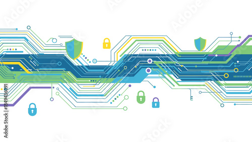 Abstract digital network security concept with shield and padlock symbols illustrating data protection, cyber defense, and technology infrastructure