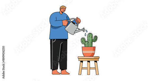 A dedicated individual demonstrates plant nurturing, carefully watering a potted cactus plant, symbolizing growth, responsibility, and the calming