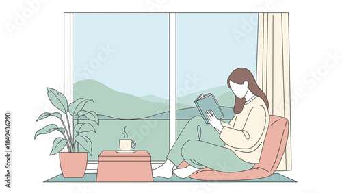 A woman finds tranquility reading a book by the window, surrounded by comfort and a beautiful outdoor view, embracing quiet leisure