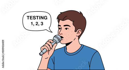 Man testing microphone for public address or performance check, preparing for speech or event