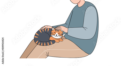 A heartwarming illustration of a person gently petting their contented tabby cat resting peacefully on their lap