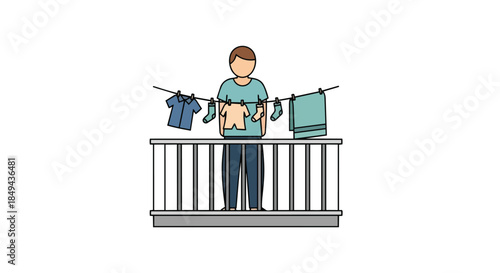 Vector illustration showing a person diligently hanging freshly washed laundry on a clothesline stretched across an apartment balcony representing