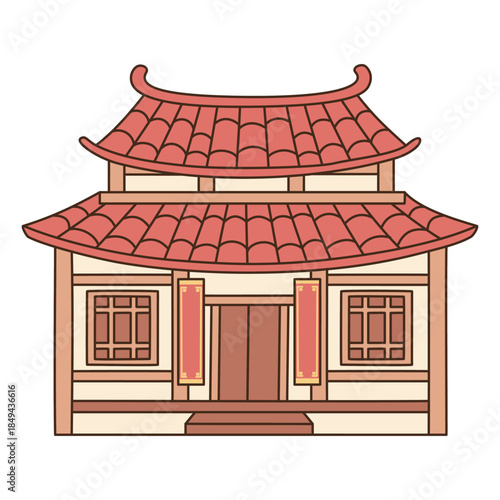 Traditional East Asian House Illustration with Red Tiled Roof for Lunar New Year Celebration