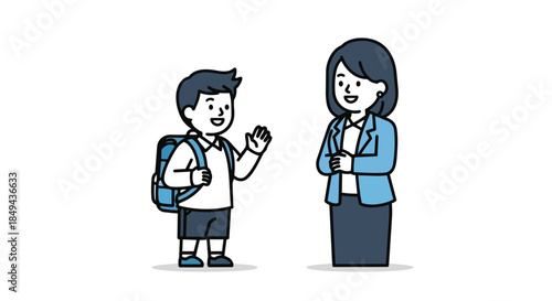 A joyful primary student wearing a blue backpack smiles and waves to a supportive adult, illustrating positive educational interactions and the