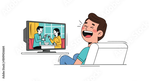 Joyful individual enjoying a humorous broadcast at home, immersed in an amusing visual narrative on screen, experiencing lighthearted entertainment