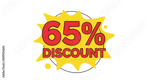 Unlock significant savings with this striking 65% off promotional graphic. A bold red percentage stands out against a radiant yellow starburst,