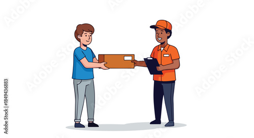 Illustration of a cheerful customer receiving a carefully handled package from a friendly uniformed courier ensuring swift and secure doorstep