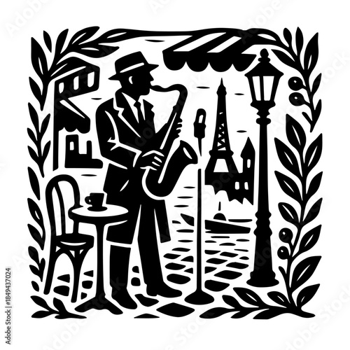 Jazz Musician Playing Saxophone Woodcut Illustration