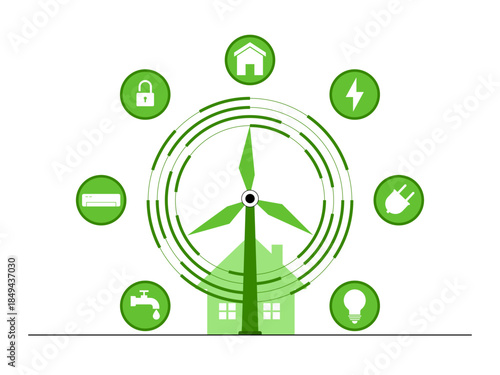 A wind turbine integrated with a house and various common household utilities for everyday life. Green energy vector illustration. Flat illustration concept.