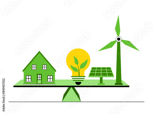 Renewable or clean energy sources balancing with a household's energy needs. Green energy vector illustration. Flat illustration concept.
