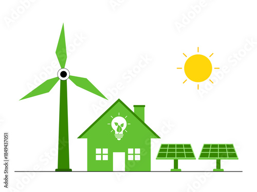A sustainable green environment utilizing renewable energy sources. Green energy vector illustration. Flat illustration concept.