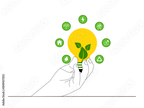 A hand is holding a light bulb with a plant inside, representing green energy, innovation, and eco-friendly growth. Green energy vector illustration. Flat illustration concept.