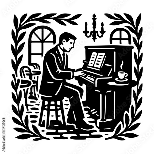 Man Playing Piano In Cozy Room Woodcut Illustration