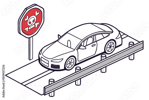 Toxic Car: A sleek car navigates a road with a prominent toxic hazard sign, symbolizing environmental pollution or danger, with a monochromatic style.