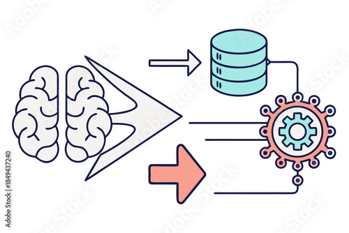 Data Processing: Visual representation of data processing, showing the brain as a central hub for generating, converting, and analyzing information into database and machine processing.