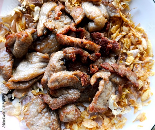 Thai Fried chopped pork   with garlic, Thai famous street food.
