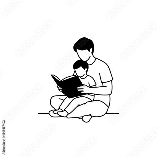 Parent and child reading together silhouette vector illustration