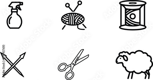 line drawing icons of sewing and gardening tools and a sheep