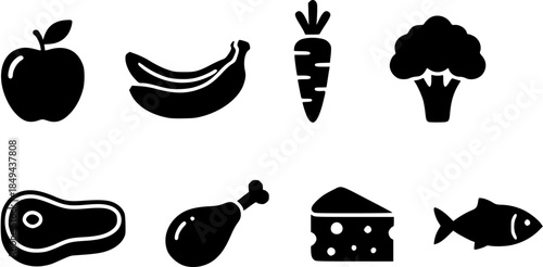 Assorted food icons displayed on a plain white background