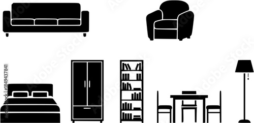 Modern home interior illustration featuring furniture silhouettes from a front view
