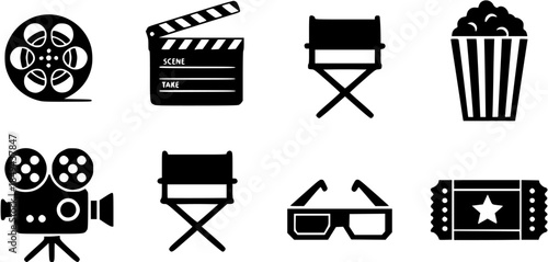 Collection of cinema and film icons on a white background