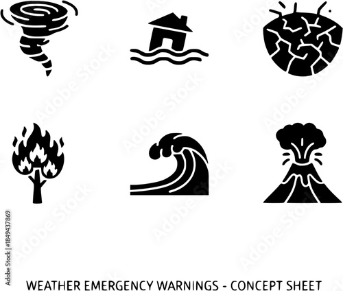 Weather emergency warning icons a collection of symbols representing natural disasters and extreme weather events for conceptual purposes