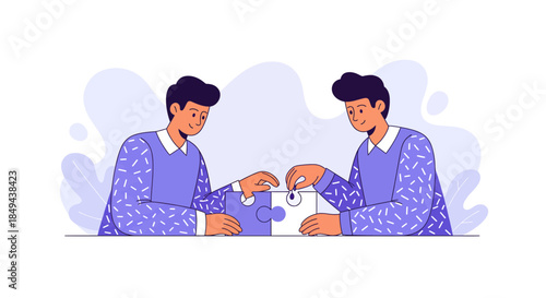 Two businessmen collaborating to complete puzzle pieces