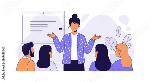 Businesswoman presenting to colleagues in modern office setting