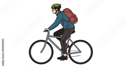 Cyclist riding bike with backpack on a sunny day outdoors