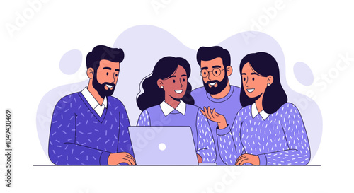 Diverse team collaborating on laptop with smiles and discussion